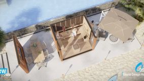 Aussensauna mit Vordach und TV-Wand