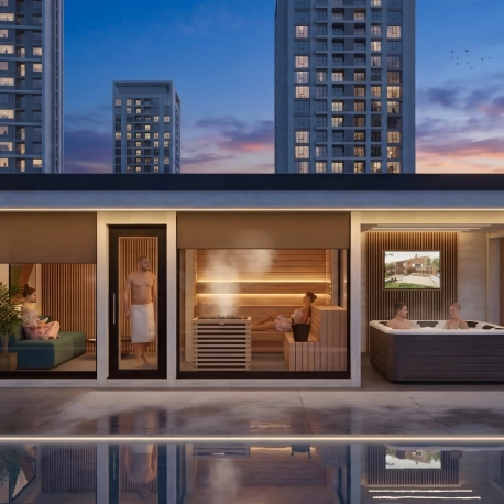 Das Außen Saunahaus in einer privaten Penthouse mit Panoramablick